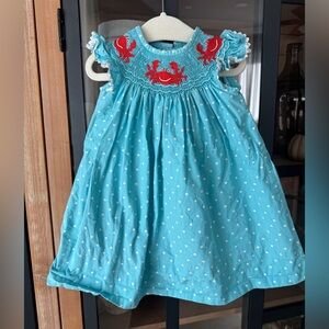 Anavini Crabs smocked dress polka dots baby girl ruffle ocean beach embroidered